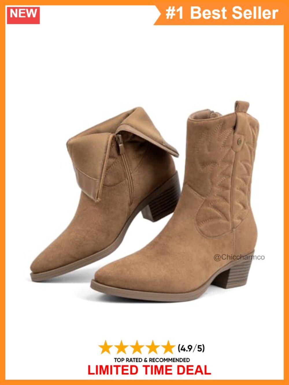 Faux Suede Mid Calf Western Boots Pointed Toe Block Heel